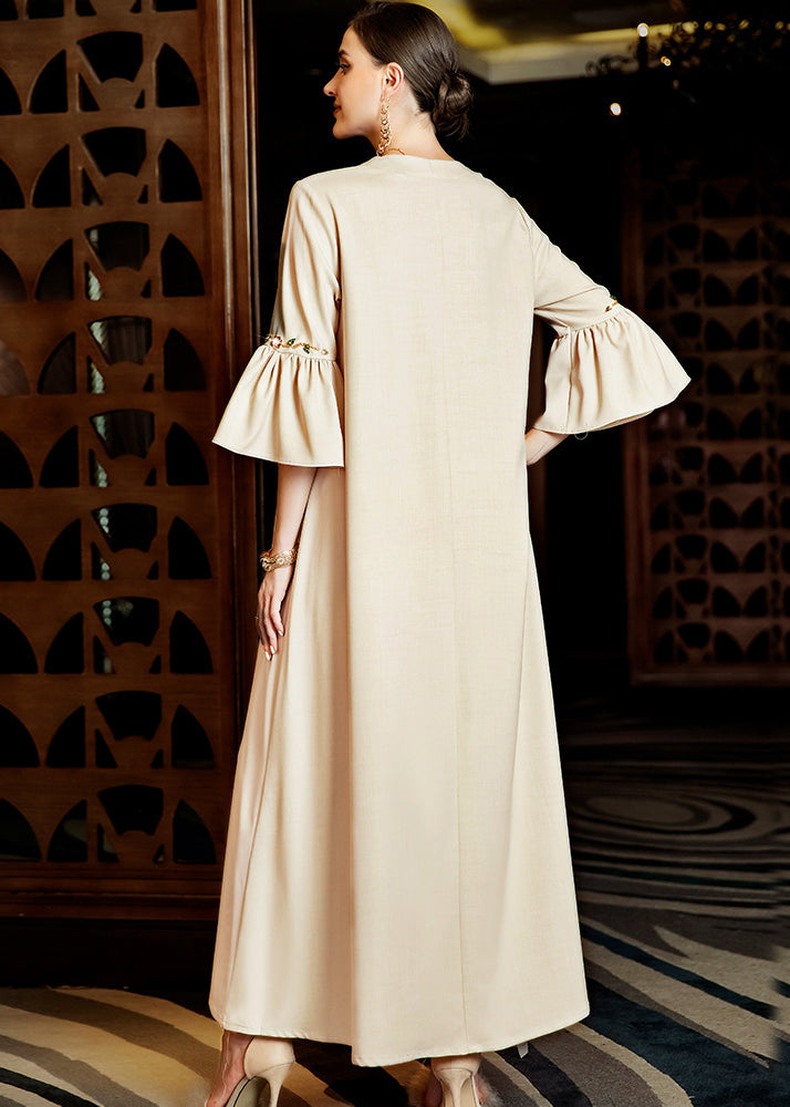 Apricot Embroideried Chiffon Long Dress Flare Sleeve