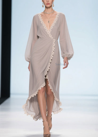 Apricot Lace Low High Design Chiffon Maxi Dresses