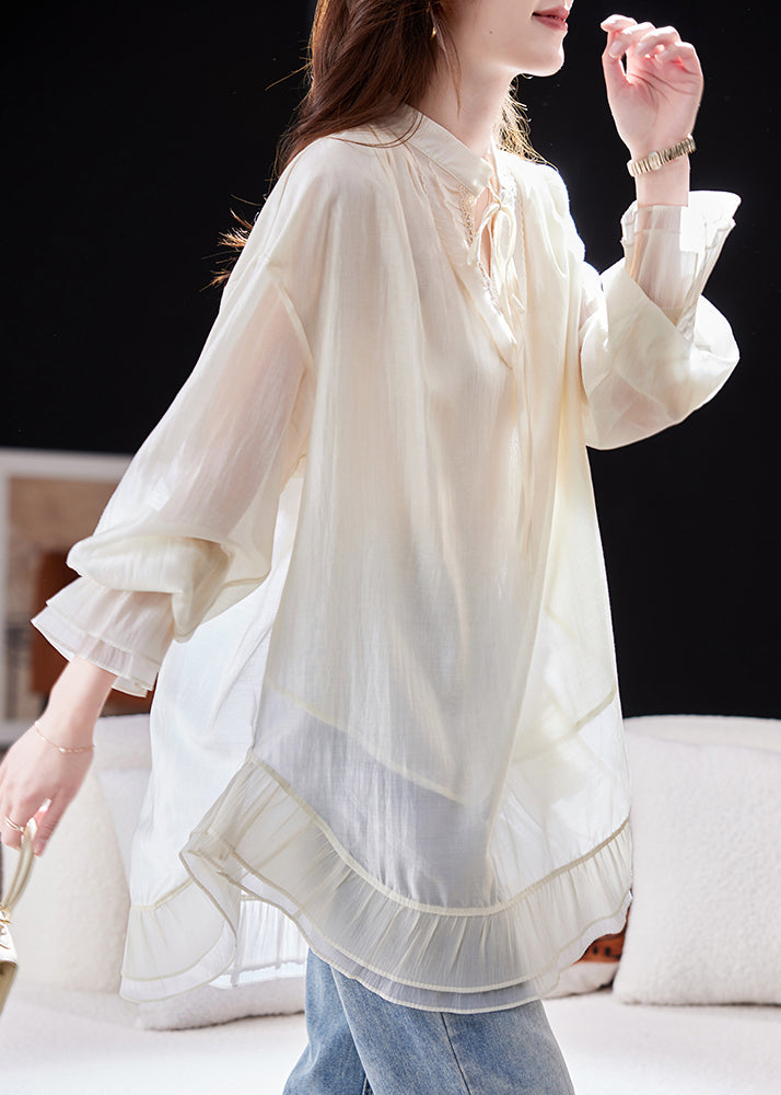 Elegant Apricot Patchwork Tie Lace Apricot Chiffon Shirt Flare Sleeve