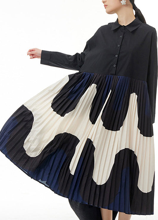 Apricot Peter Pan Collar Patchwork Wrinkled Button Cotton Maxi Dresses Long Sleeve