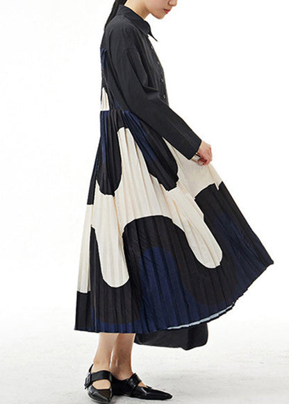 Apricot Peter Pan Collar Patchwork Wrinkled Button Cotton Maxi Dresses Long Sleeve