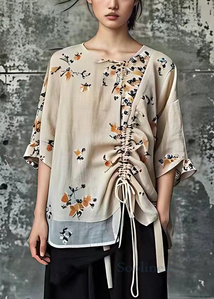 Apricot Print Lace Up Cotton Blouses Half Sleeve