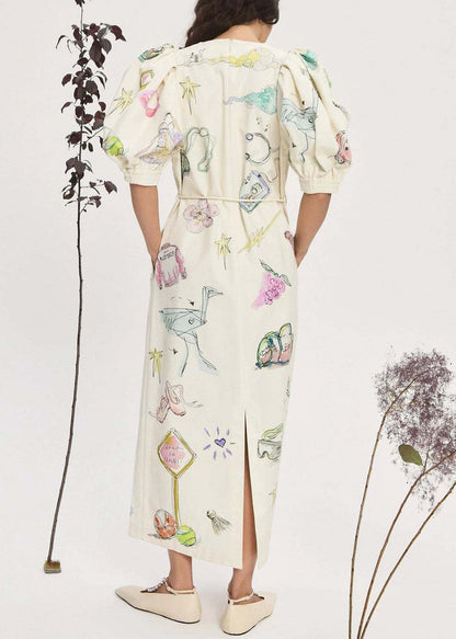 Apricot Print Lace Up Pockets Linen Long Dress Lantern Sleeve