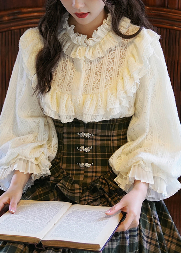 Apricot Ruffled Lace Shirt Lantern Sleeve