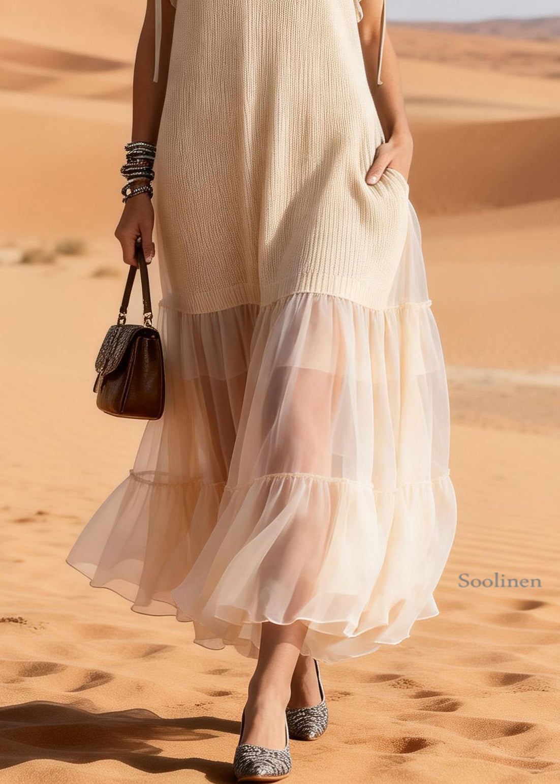 Apricot Ruffled Tulle Patchwork Knit Maxi Dress Summer