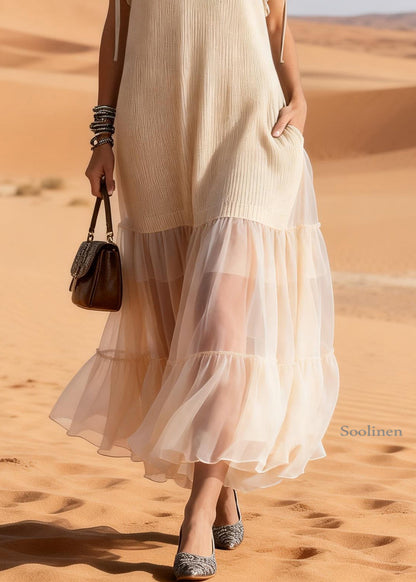 Apricot Ruffled Tulle Patchwork Knit Maxi Dress Summer