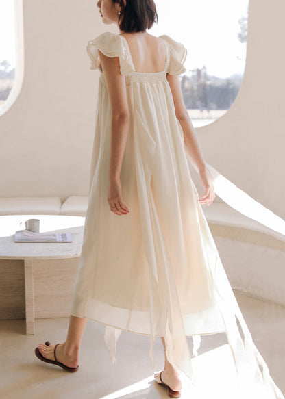 Apricot Square Collar Silk Dresses Summer