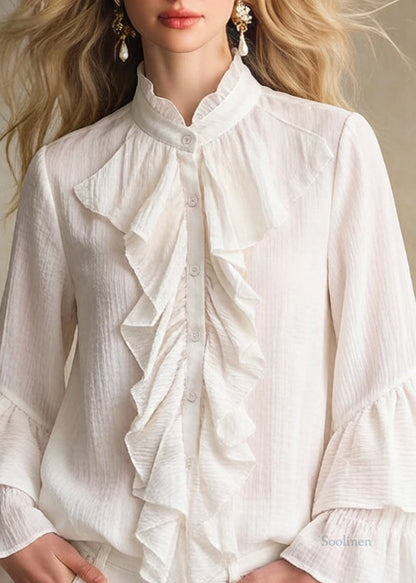 Elegant Apricot Stand Collar Ruffled Button Cotton Shirt