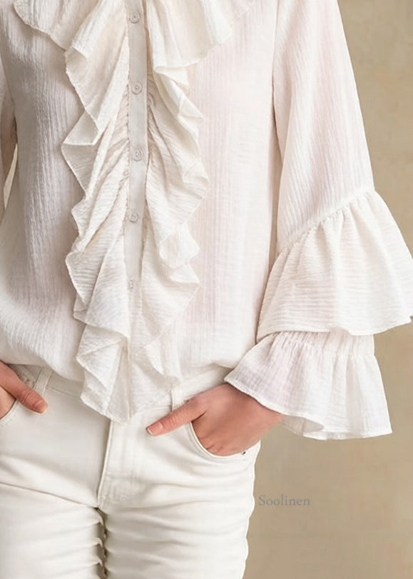 Apricot Stand Collar Ruffled Button Cotton Shirt