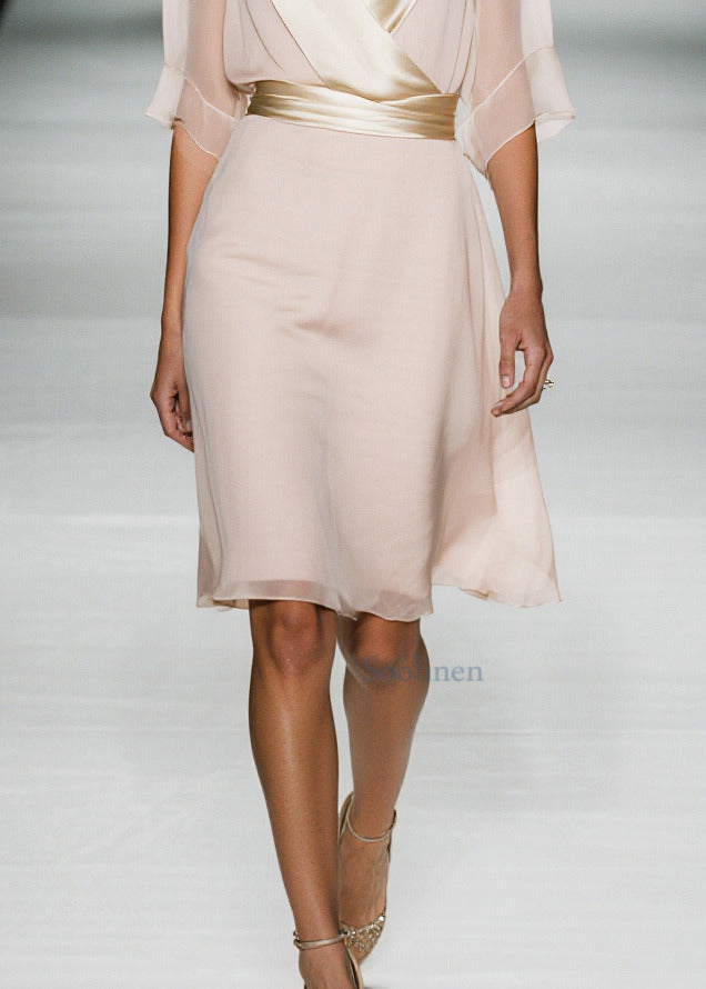 Apricot V Neck Patchwork Chiffon Work Dress Summer