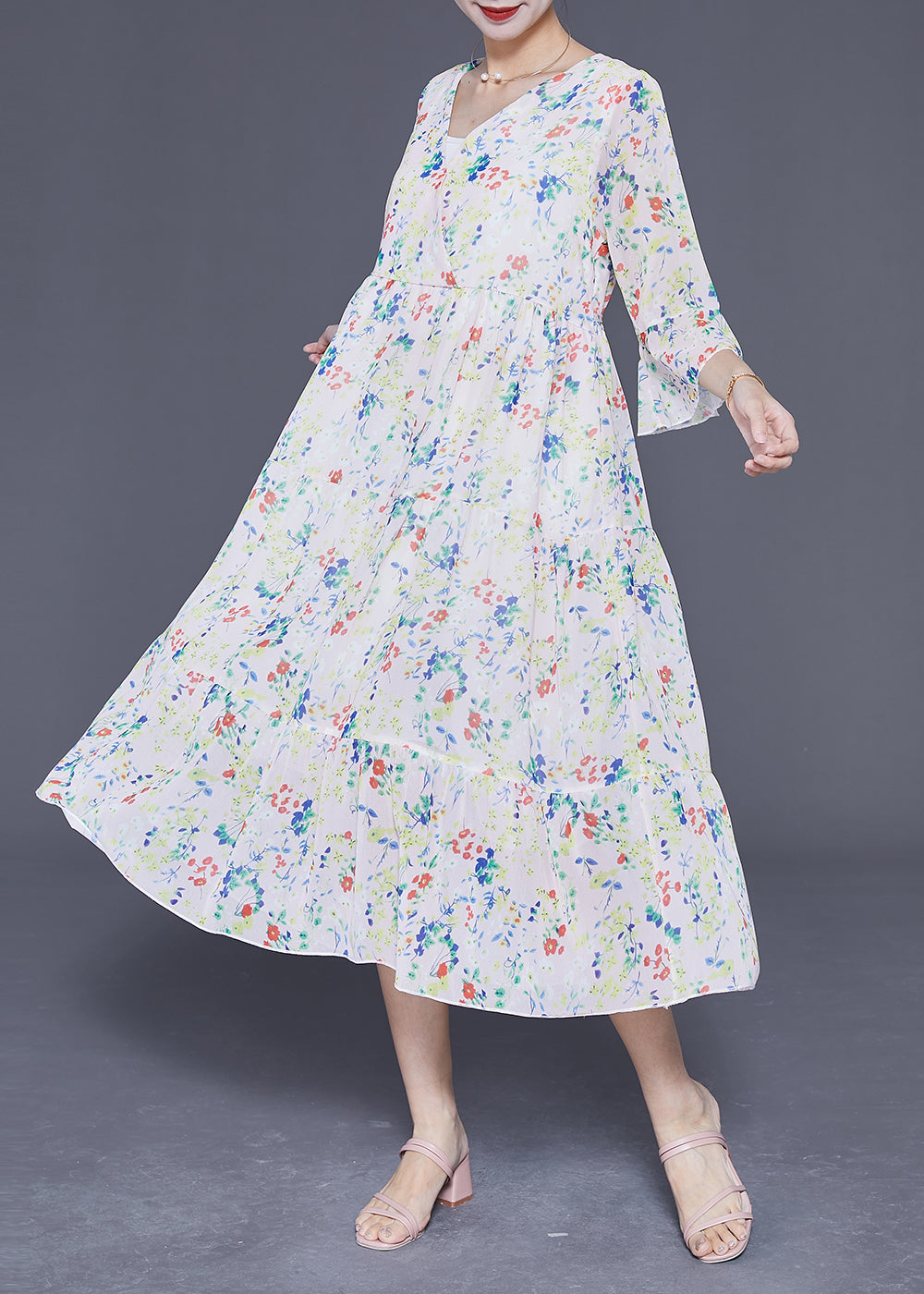 Apricot V Neck Print Exra Large Hem Chiffon Dress Flare Sleeve