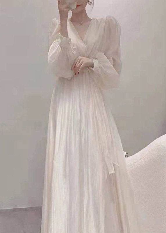 Apricot V Neck Tie Waist Chiffon Long Dress Spring