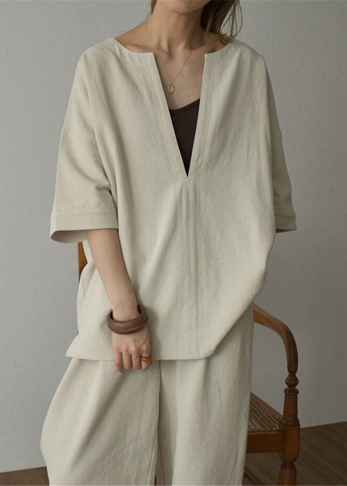 Apricot V Neck Tops and Pants Cotton Two Pieces Set Summer