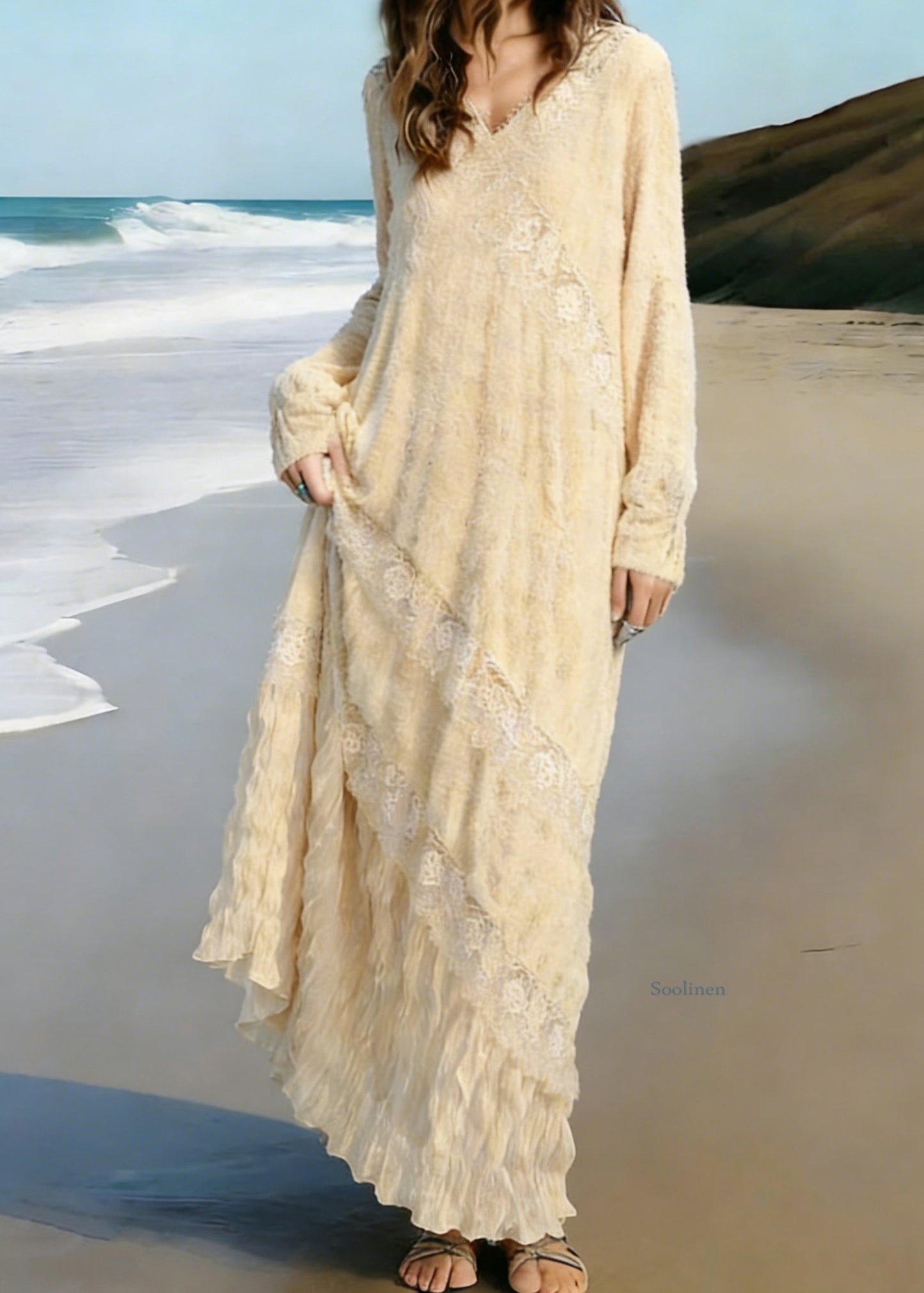 Apricot Wrinkled Lace Patchwork Knit Long Dress Spring