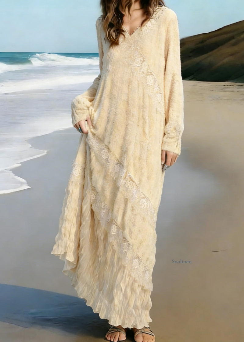 Apricot Wrinkled Lace Patchwork Knit Long Dress Spring