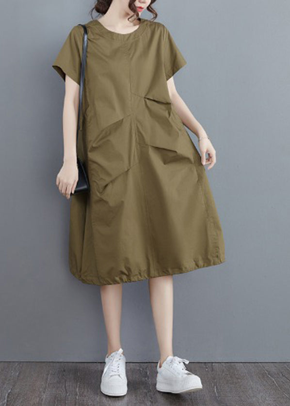 Army Green Ruffles O-neck Cotton Dress Short Sleeve
