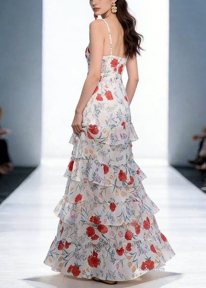 Backless Print Ruffled Cotton Spaghetti Strap Dress Sleeveless