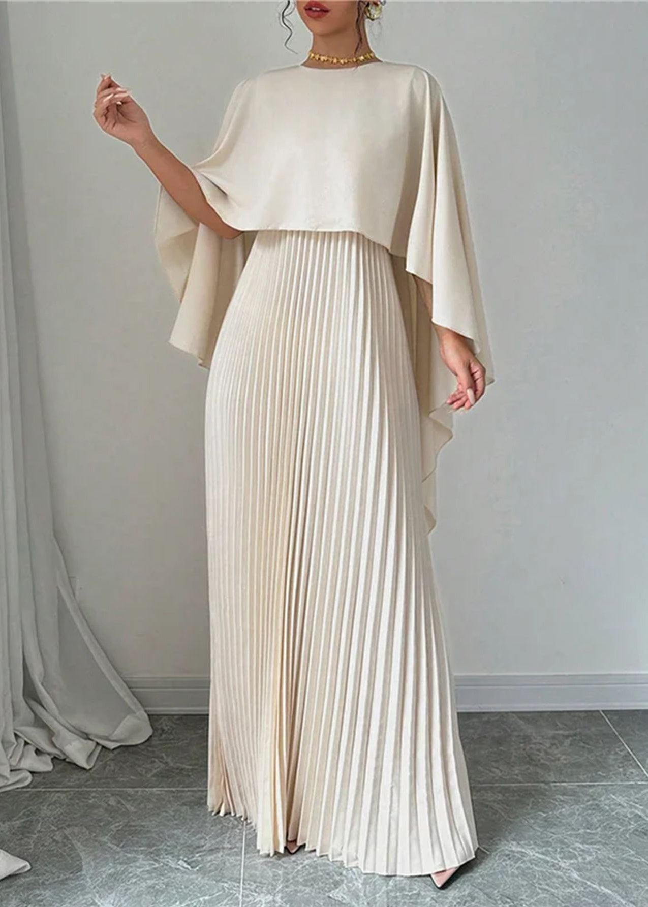 Beige Asymmetrical Patchwork Long Dress Batwing Sleeve