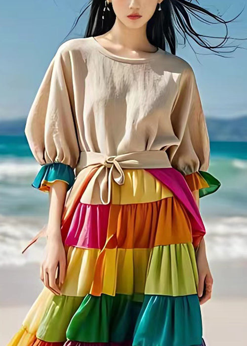 Beige Chiffon Patchwork Linen Dress Flare Sleeve