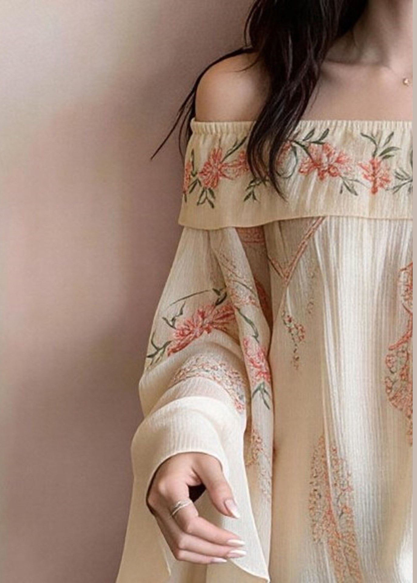 Elegant Beige Cold Shoulder Print Cotton Blouses Flare Sleeve