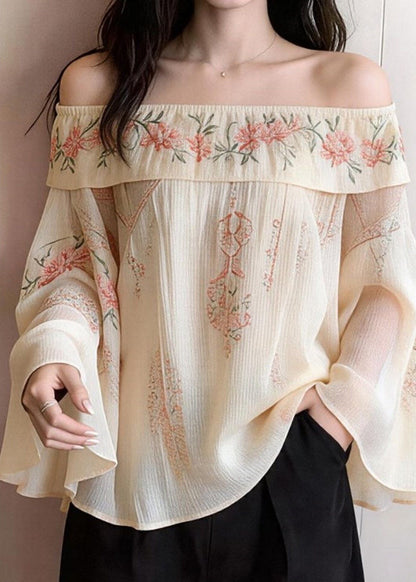 Elegant Beige Cold Shoulder Print Cotton Blouses Flare Sleeve
