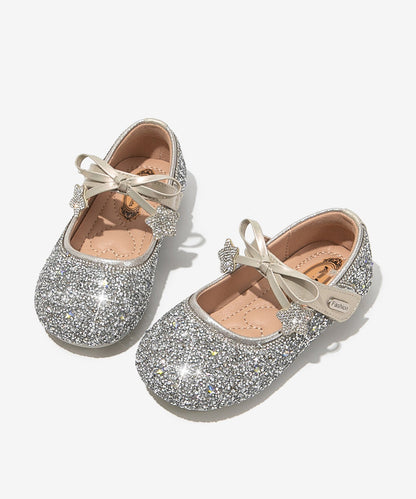 Beige Crystal Bow Buckle Strap Flats