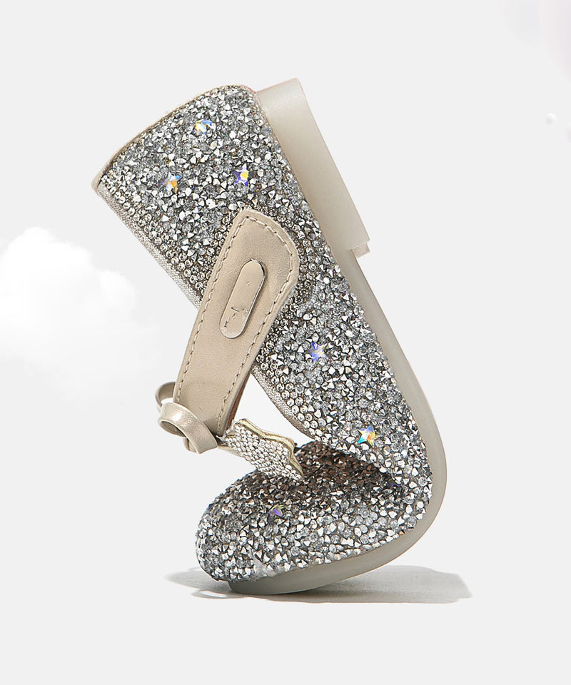 Beige Crystal Bow Buckle Strap Flats