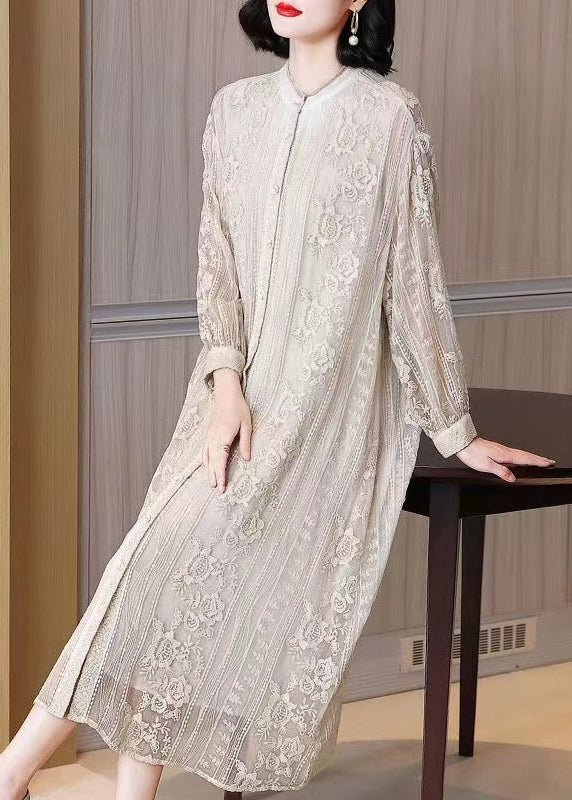Beige Embroidered Button Silk Long Dresses Long Sleeve
