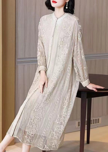 Beige Embroidered Button Silk Long Dresses Long Sleeve