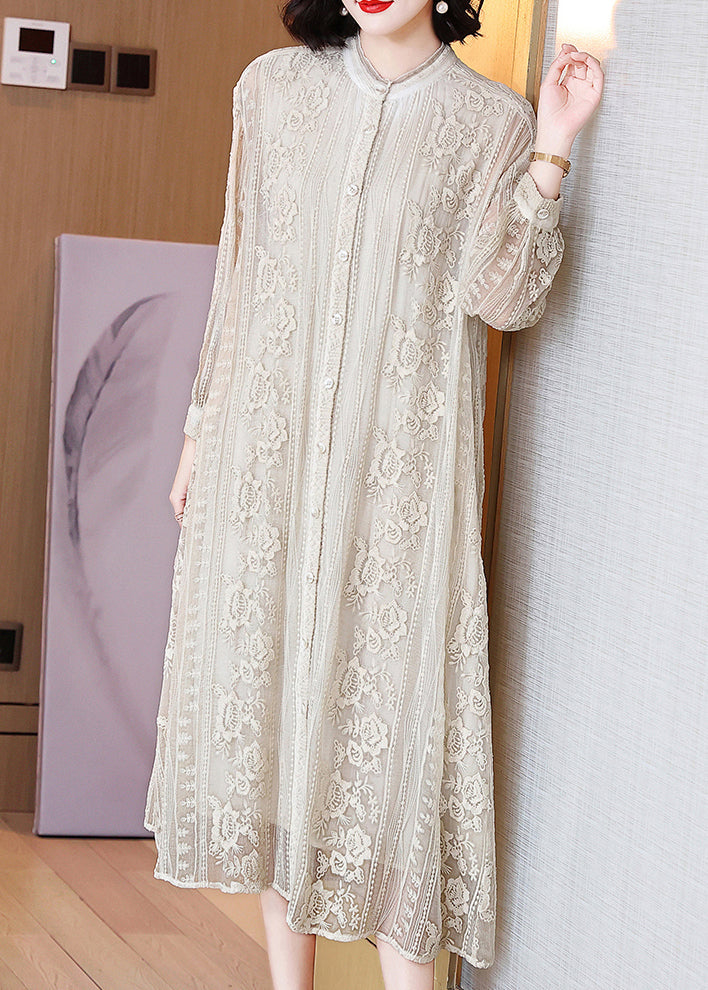 Beige Embroidered Button Silk Long Dresses Long Sleeve