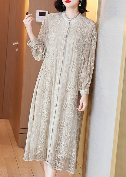 Beige Embroidered Button Silk Long Dresses Long Sleeve