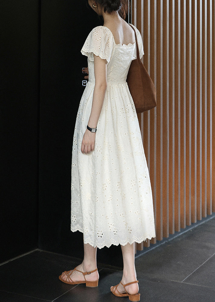Beige Embroidered Lace Up Cotton Long Dress Summer