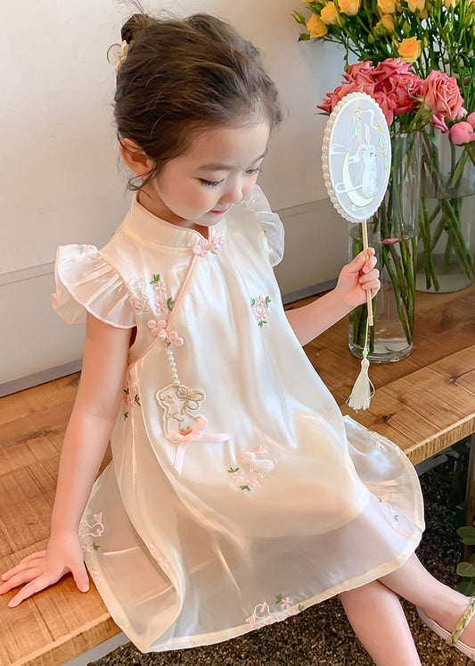 Beige Embroideried Button Tulle Long Dresses Summer