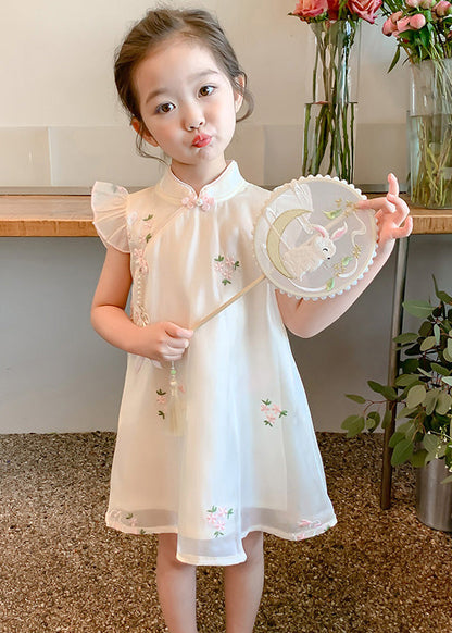 Beige Embroideried Button Tulle Long Dresses Summer