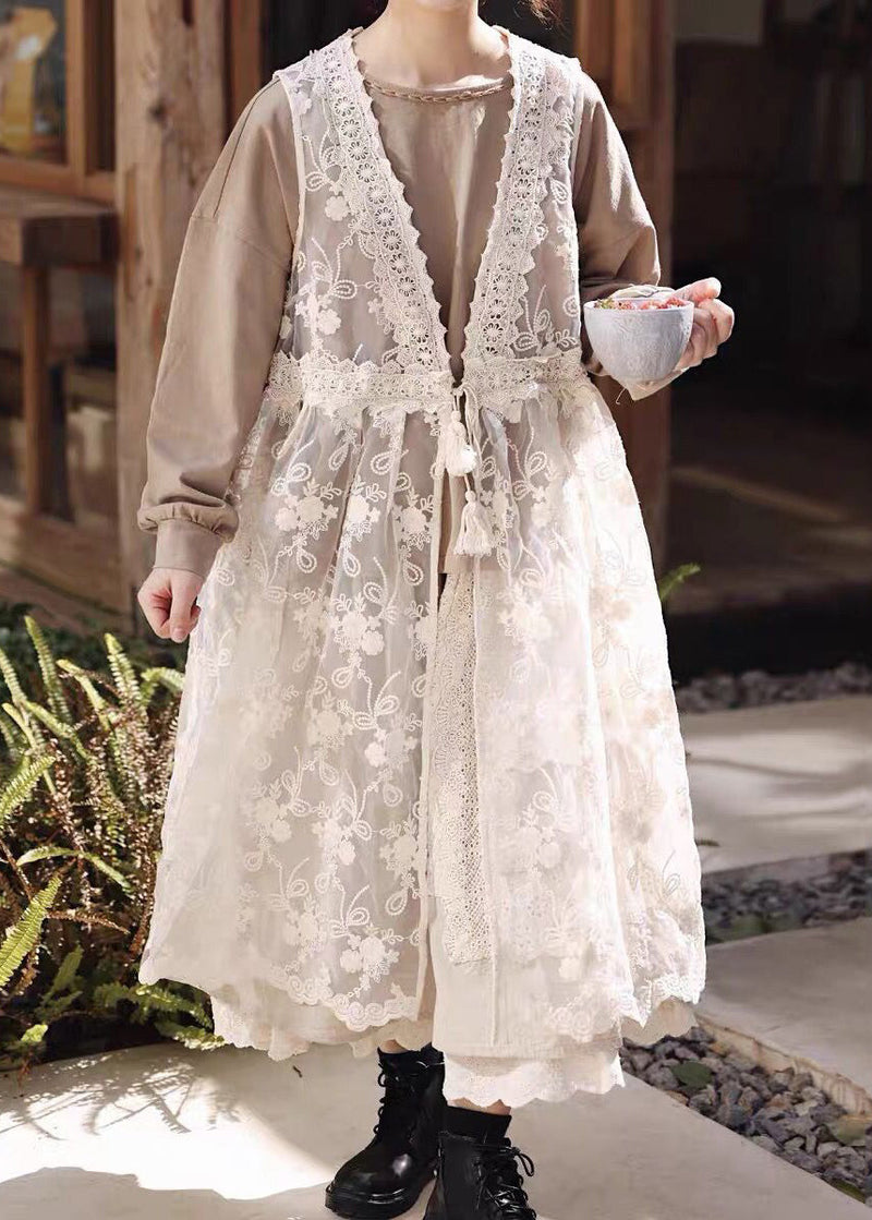 Beige Embroideried Lace Up Patchwork Lace Dress Sleeveless