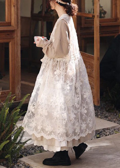 Beige Embroideried Lace Up Patchwork Lace Dress Sleeveless