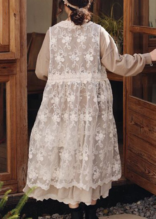 Beige Embroideried Lace Up Patchwork Lace Dress Sleeveless