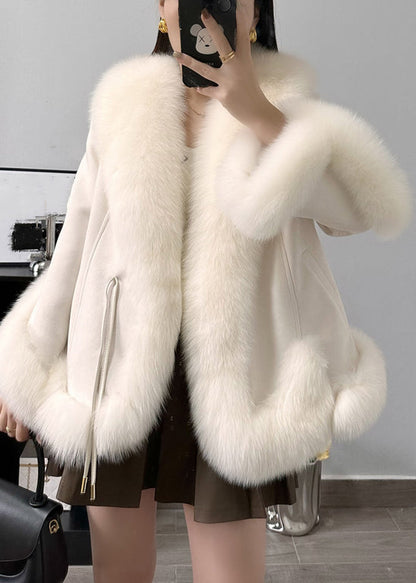 Beige Fox Collar Pockets Parkas Winter