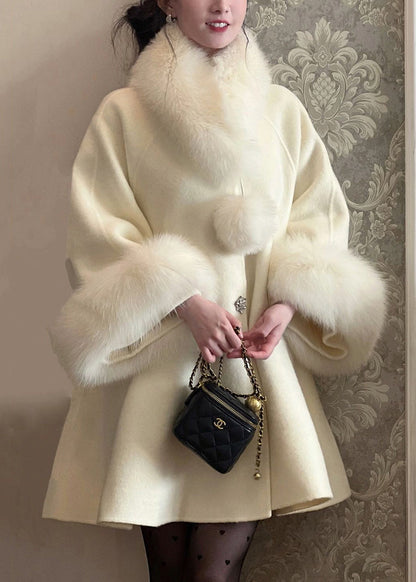 Beige Fur Collar Nail Bead Patchwork Woolen Trench Winter