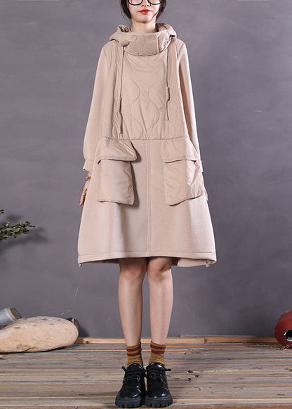 Beige Hooded Patchwork Fine Cotton Filled Dress Winter