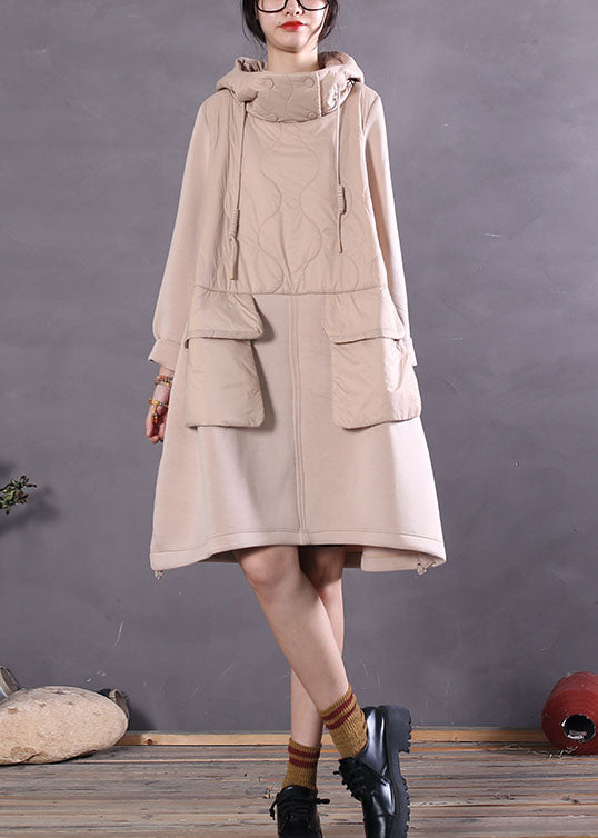 Beige Hooded Patchwork Fine Cotton Filled Dress Winter