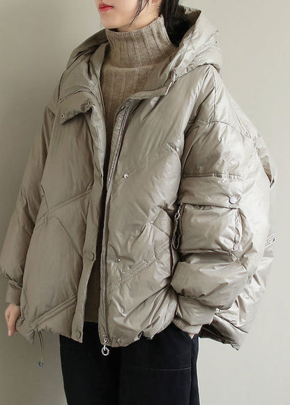 Beige Hooded Drawstring Duck Down Jacket Winter