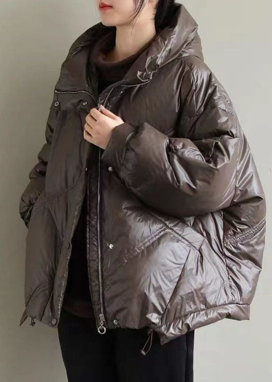 Beige Hooded Drawstring Duck Down Jacket Winter