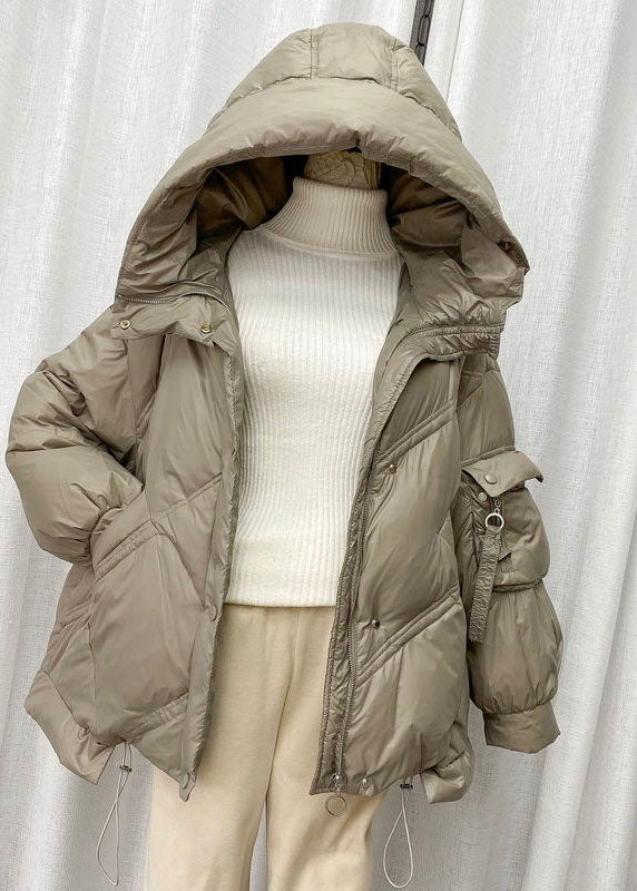 Beige Hooded Drawstring Duck Down Jacket Winter