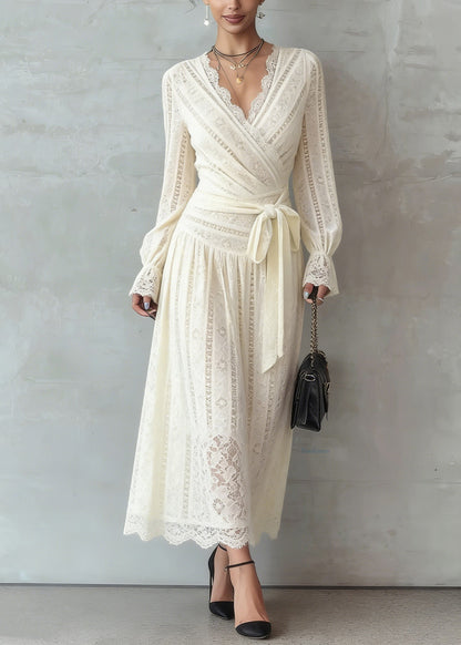 Beige Lace Tie Waist Warm Fleece Long Dress Spring