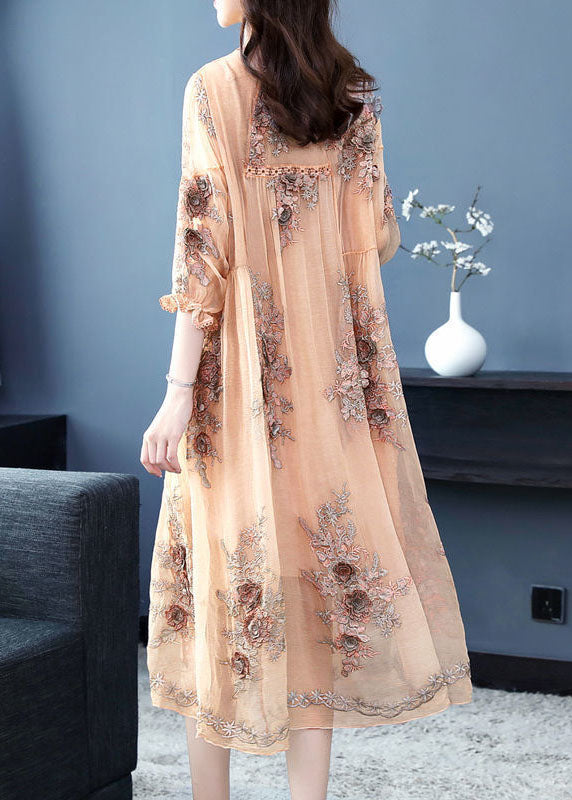 Beige Lace Up Jacquard Silk Holiday Dress Long Sleeve