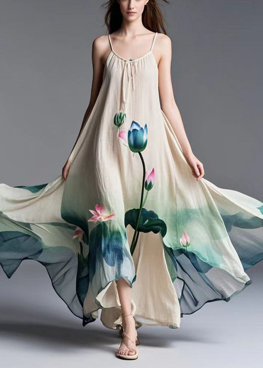 Beige Lotus Print Tie Dye Cotton Spaghetti Strap Dress Summer