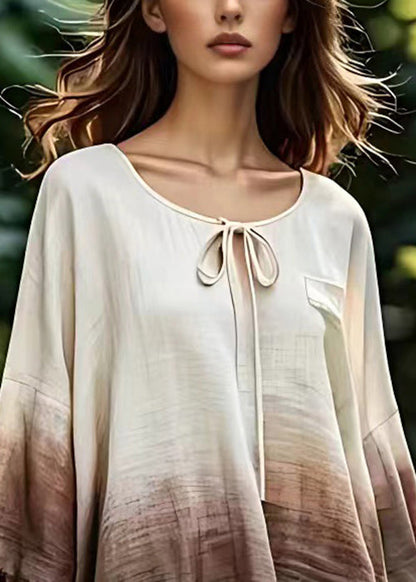 Beige O Neck Lace Up Cotton Tops Bracelet Sleeve