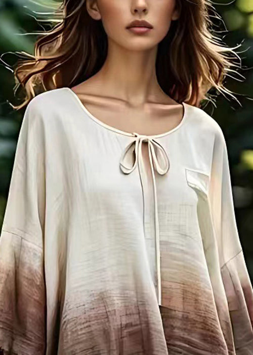 Beige O Neck Lace Up Cotton Tops Bracelet Sleeve