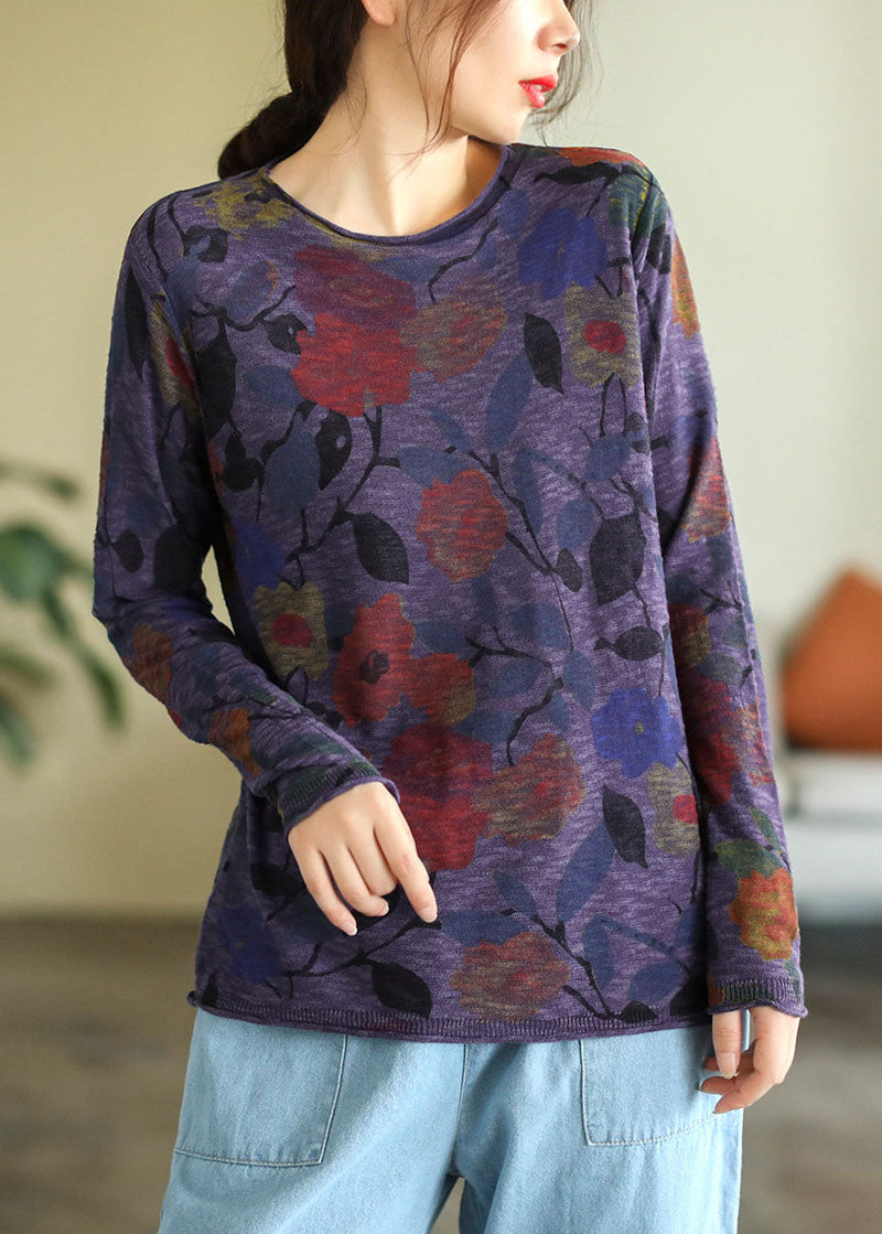 Black O-neck Print Cotton Knitted Top Long Sleeve